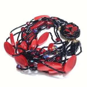 Vintage 1950s Red Black 15 Strand Beaded Bracelet Lucite AB Crystal Glass Beads